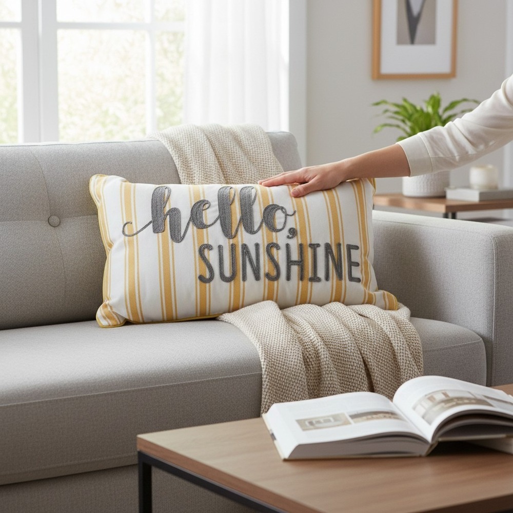 Martha Stewart Outdoor Lumbar Pillow 14x24 Yellow New Hello Sunshine Striped